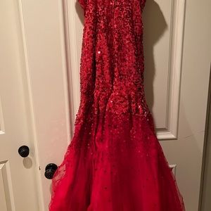 Tiffany red prom dress with sequins with a tulle hem